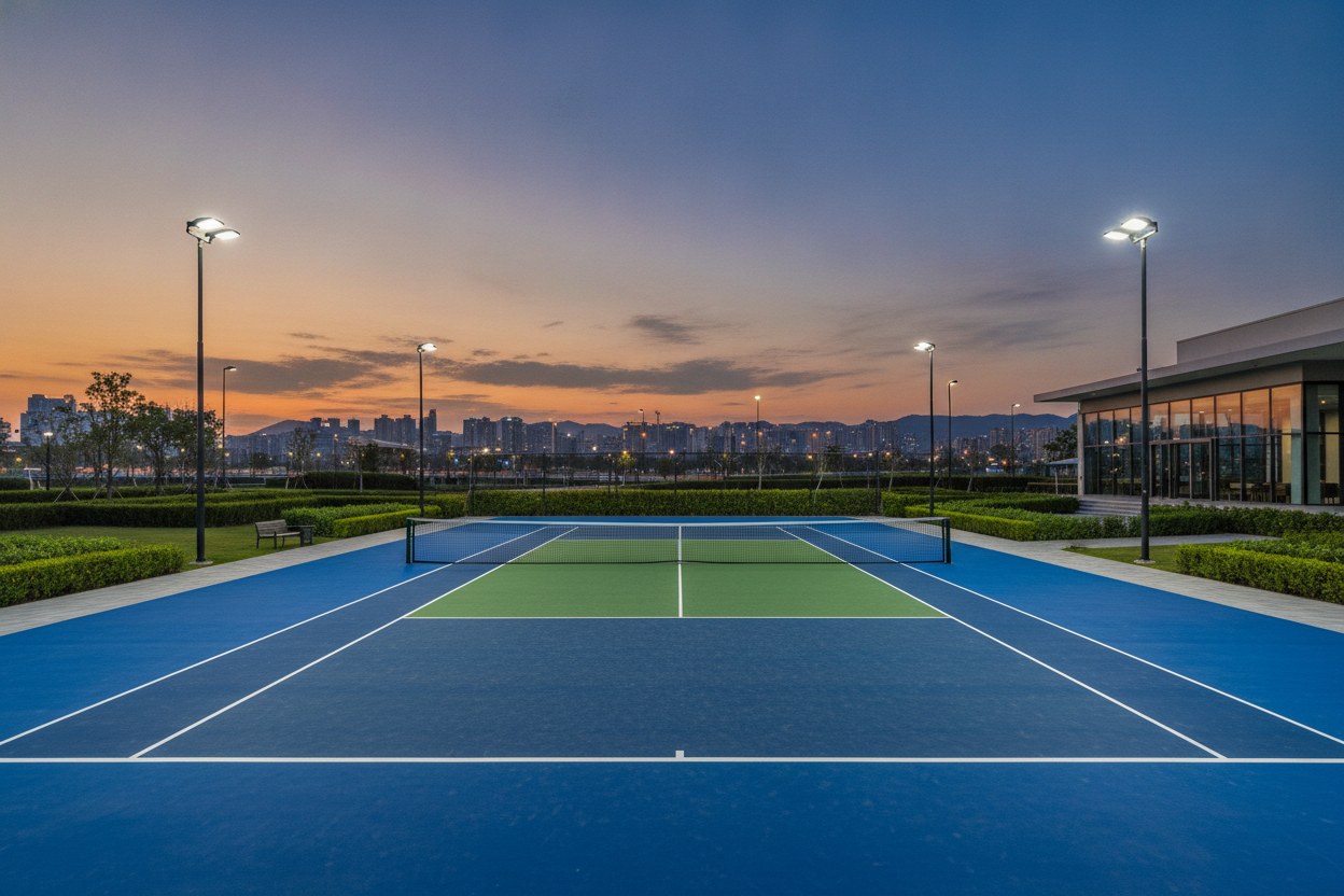 Özel tenis kortu akşam aydınlatmasıyla